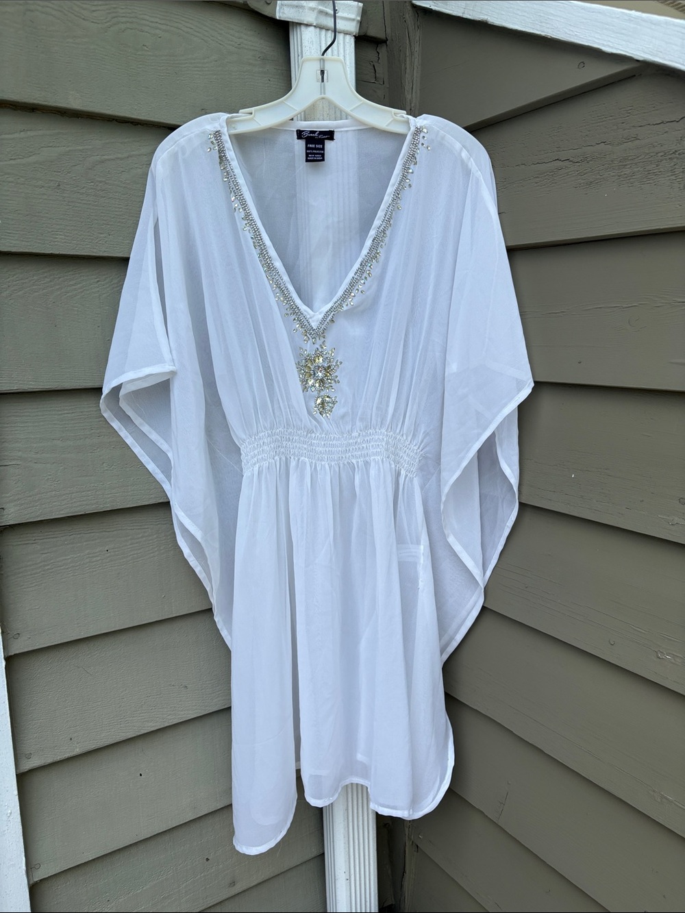 Embellished Beach White Sheer Cover-Up. One Sz. Fun and light. Minor flaw